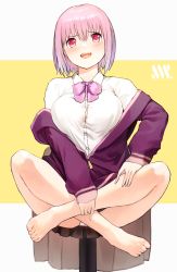 Rule 34 | 10s, 1girl, :d, bare legs, barefoot, blush, bow, breasts, brown skirt, collared shirt, crossed legs, dress shirt, feet, gridman universe, hair between eyes, head tilt, highres, jacket, long sleeves, looking at viewer, medium breasts, miniskirt, off shoulder, open mouth, panties, pink bow, pink hair, pleated skirt, purple jacket, red eyes, shinjou akane, shirt, sitting, skirt, sleeves past wrists, smile, solo, ssss.gridman, suzuki puramo, teeth, two-tone background, underwear, upper teeth only, white background, white panties, white shirt, yellow background