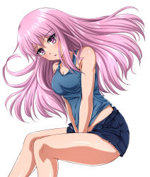 Rule 34 | 1girl, alternate costume, bare legs, bare shoulders, between legs, blue shirt, blue shorts, breasts, cleavage, hand between legs, hata no kokoro, knees up, looking at viewer, medium breasts, open mouth, pink eyes, pink hair, shirt, short shorts, shorts, simple background, solo, tank top, thighs, touhou, white background, zanntetu
