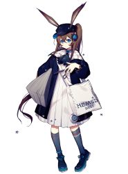Rule 34 | 1girl, amiya (arknights), amiya (newsgirl) (arknights), animal ears, arknights, ascot, bag, blue ascot, blue collar, blue eyes, blue footwear, blue hat, blue jacket, blue socks, brown hair, collar, cot (co2cotton), dress, ears through headwear, female focus, full body, hair between eyes, hand up, hat, headphones, highres, holding, holding newspaper, implied extra ears, jacket, long hair, looking at viewer, newspaper, official alternate costume, open clothes, open jacket, ponytail, rabbit ears, shoes, shoulder bag, simple background, socks, solo, tachi-e, very long hair, white background, white bag, white dress