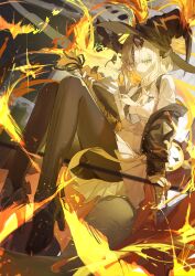 Rule 34 | 1girl, absurdres, arknights, black jacket, black pantyhose, blonde hair, book, brown horns, dragon girl, dragon horns, dragon tail, fiery tail, fire, flame-tipped tail, hat, highres, holding, holding book, horns, jacket, kingcraft kingu, long tail, multiple horns, necktie, off shoulder, official alternate costume, pantyhose, pleated skirt, reed (arknights), reed the flame shadow (arknights), reed the flame shadow (curator) (arknights), shoulder strap, skirt, staff riding, tail, white skirt, wizard hat