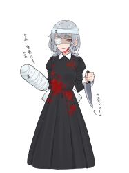Rule 34 | 1girl, bandaged head, bandages, black dress, blood, blood on face, blood stain, bow (weapon), breasts, cast, collared dress, dress, eyepatch, grey hair, highres, holding, holding knife, juliet sleeves, knife, long hair, long sleeves, open mouth, original, puffy sleeves, purple eyes, shaded face, sidelocks, simple background, small breasts, smile, solo, teshima nari, translation request, weapon, white background