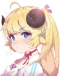Rule 34 | 1girl, :t, ahoge, andychen, animal ears, blonde hair, blue eyes, blush, bow, bowtie, choker, from side, hair ornament, hairclip, highres, hololive, horns, long hair, looking at viewer, looking to the side, portrait, pout, red choker, revision, ribbon choker, sailor collar, sheep ears, sheep girl, sheep horns, simple background, solo, tsunomaki watame, tsunomaki watame (street casual), v-shaped eyebrows, virtual youtuber, white background, white bow, white bowtie, white sailor collar