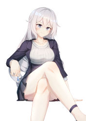 Rule 34 | 1girl, absurdres, black jacket, black skirt, breasts, bronya zaychik, bronya zaychik (silverwing: n-ex), caisena, closed mouth, collarbone, commentary request, crossed legs, feet out of frame, grey background, grey hair, grey shirt, hair between eyes, highres, holding, honkai (series), honkai impact 3rd, jacket, long hair, looking at viewer, medium breasts, open clothes, open jacket, pleated skirt, ribbed shirt, shirt, simple background, sitting, skirt, smile, solo, very long hair, white background