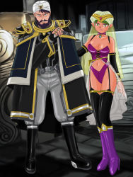Rule 34 | 1boy, 1girl, bare shoulders, beard, belt, black eyes, boots, breasts, cape, captain future, choker, cleavage, earrings, elbow gloves, facial hair, garter straps, gloves, green hair, jewelry, lots of jewelry, marison (aono107), mustache, n&#039;rala, navel, pointy ears, thighhighs, turban, ul quorn, ultramarine, veil, yellow eyes