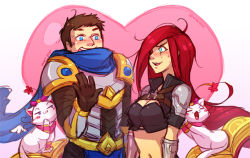 Rule 34 | 1boy, 1girl, ahoge, armor, blue scarf, blush, book, breasts, brown gloves, cat, cleavage, cowboy shot, garen (league of legends), gloves, heart, katarina (league of legends), league of legends, looking at another, navel, open book, open mouth, pushing, red hair, scarf, shoulder armor, sitting, smile, sweat, upper body, vmat, yuumi (league of legends)