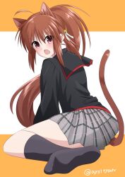 Rule 34 | 1girl, ahoge, angry, animal ear fluff, animal ears, arm support, bell, black jacket, black socks, blush, brown hair, cat ears, cat girl, cat tail, commentary, eyes visible through hair, feet, foreshortening, from side, frown, full body, grey skirt, hair bell, hair between eyes, hair ornament, hair ribbon, highres, jacket, jingle bell, kneehighs, leaning forward, little busters!, little busters! school uniform, long hair, long sleeves, looking at viewer, looking back, miniskirt, natsume rin, no shoes, open mouth, orange background, plaid, plaid skirt, pleated skirt, ponytail, red eyes, ribbon, sai (aysityan), school uniform, sidelocks, simple background, sitting, skirt, socks, solo, sweatdrop, tail, tail raised, twitter username, two-tone background, v-shaped eyebrows, very long hair, wariza, white background, white ribbon