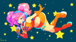 Rule 34 | 1girl, boots, breasts, headset, legs, lipstick, looking at viewer, makeup, medium breasts, pink hair, pyawakit, skirt, solo, space channel 5, star-shaped pupils, star (symbol), symbol-shaped pupils, twintails, ulala