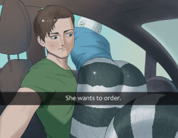 Rule 34 | 1boy, 1girl, absurdres, ass, black scales, blood, blue background, blue eyes, blue shirt, boonie baby, borrowed character, brown hair, car, closed mouth, edan (sparrowl), english text, fake phone screenshot, fake screenshot, gradient background, green background, green shirt, grey scales, he wants to order (meme), highres, ivy (sparrowl), lamia, meme, monster girl, motor vehicle, nosebleed, original, scales, shirt, short hair, short sleeves, sitting, snapchat, t-shirt, upper body