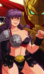 Rule 34 | 10s, 1girl, 2015, armor, bikini armor, breasts, cleavage, collarbone, cowboy shot, dated, grin, indivisible, lips, long hair, looking at viewer, muscular, naga rider, navel, over shoulder, phoebe (indivisible), purple hair, raikou (ff), red eyes, scar, scar on face, scar on nose, shoulder pads, smile, twitter username, weapon, weapon over shoulder