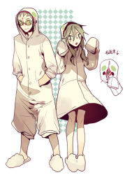 Rule 34 | 1boy, 1girl, :o, arrow (symbol), bad id, bad pixiv id, dress, glasses, green eyes, green hair, hands in pockets, hood, hooded, hoodie, jotman, long sleeves, looking at viewer, open mouth, personification, scp-173, scp foundation, sleeves past wrists, slippers, slit pupils, smile, standing, translation request, zipper