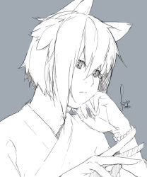 Rule 34 | 10s, 1girl, 2010, androgynous, animal ears, bracelet, cat ears, cat girl, dated, female focus, grey background, greyscale, hair between eyes, hand on own face, head rest, japanese clothes, jewelry, kyo (kuroichigo), monochrome, portrait, short hair, signature, simple background, solo