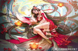 Rule 34 | 1girl, absurdly long hair, backless dress, backless outfit, bare shoulders, bird, breasts, brown hair, detached sleeves, dress, facial mark, flower, forehead mark, hair ornament, highres, huo linger (wanmei shijie), large breasts, long hair, lotus, lying, naglus, on side, parted lips, phoenix, red dress, red footwear, ripples, solo, teeth, thighlet, very long hair, wanmei shijie, water