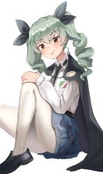 Rule 34 | 1girl, :p, absurdres, anchovy (girls und panzer), black cape, black footwear, black necktie, black ribbon, blue skirt, blush, brown eyes, cape, closed mouth, drill hair, girls und panzer, hair ribbon, highres, knee up, loafers, long sleeves, looking at viewer, miniskirt, necktie, pantyhose, pleated skirt, ribbon, school uniform, shirt, shoes, sitting, skirt, smile, solo, thighs, tongue, tongue out, twin drills, twintails, unicron (brous), white pantyhose, white shirt