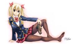 Rule 34 | 1girl, blonde hair, brown eyes, fairy tail, feet, full body, hair ribbon, highres, long hair, lucy heartfilia, lying, mashima hiro, official art, official wallpaper, pantyhose, ribbon, school uniform, screencap, shoes, unworn shoes, solo, stitched, third-party edit, toes, twintails, wallpaper