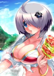 Rule 34 | 1girl, :o, ahoge, alternate costume, bakenkun, bangle, bikini, blue eyes, bombergirl, bracelet, breasts, cleavage, collared shirt, food, gray (bombergirl), grey hair, hair ornament, hair over one eye, halterneck, helmet, highres, holding, holding food, jewelry, large breasts, looking at viewer, meat, midriff, multicolored bikini, multicolored clothes, navel, open mouth, outdoors, shirt, short hair, sky, solo, steam, swimsuit, tied shirt, tree