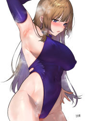 Rule 34 | 1girl, arm up, armpits, blue gloves, blue leotard, blush, breasts, brown hair, covered erect nipples, covered navel, cowboy shot, elbow gloves, from side, gloves, groin, heattech leotard, highleg, highleg leotard, highres, karinto yamada, large breasts, leotard, lips, long hair, looking down, open mouth, original, purple eyes, sideboob, signature, simple background, skindentation, sleeveless, sleeveless turtleneck, sleeveless turtleneck leotard, solo, standing, steaming body, straight hair, thighs, turtleneck, white background