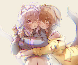 Rule 34 | 2girls, :3, absurdres, ahoge, akuto (akuto desu), animal ear fluff, animal ears, beige background, black jacket, bone hair ornament, braid, breasts, cat ears, cat girl, cat tail, cheek-to-cheek, closed eyes, commentary request, dog ears, dog tail, hair ornament, heads together, highres, hololive, inugami korone, inugami korone (1st costume), jacket, large breasts, long sleeves, looking at another, midriff, multiple girls, navel, nekomata okayu, nekomata okayu (1st costume), one eye closed, purple hair, short hair, simple background, single braid, tail, virtual youtuber, yellow jacket