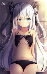 Rule 34 | 1girl, arm support, bare arms, bare shoulders, black bra, black panties, black ribbon, blue eyes, blush, bra, breasts, collarbone, commentary request, hair between eyes, hair ribbon, long hair, looking at viewer, navel, original, panties, parted lips, renka (cloudsaikou), ribbon, signature, silver hair, sitting, small breasts, solo, two side up, underwear, underwear only, very long hair