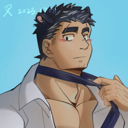 Rule 34 | 1boy, adjusting clothes, adjusting necktie, animal ears, bara, cat ears, cha shao bao du, eyebrow cut, facial hair, goatee stubble, highres, huge eyebrows, large pectorals, light blush, looking at viewer, loose necktie, male focus, muscular, muscular male, necktie, original, pectoral cleavage, pectorals, portrait, short hair, sideburns stubble, solo, stubble