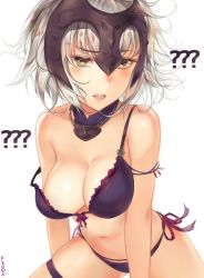 Rule 34 | 1girl, ?, ??, arm strap, arms at sides, artist name, bare shoulders, black panties, blush, bow, bow bra, bra, breasts, cleavage, commentary, confused, cowboy shot, detached collar, fang, fate/grand order, fate (series), front-tie top, frown (wonderland85711), green eyes, grey hair, jeanne d&#039;arc (fate), jeanne d&#039;arc alter (avenger) (fate), jeanne d&#039;arc alter (fate), jewelry, large breasts, legs apart, looking at viewer, meme, messy hair, navel, necklace, open mouth, panties, short hair, side-tie panties, simple background, skindentation, solo, strap slip, teeth, thigh strap, underwear, underwear only, white background