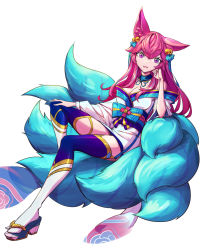 Rule 34 | 1girl, :d, absurdres, ahri (league of legends), animal ears, bare shoulders, blue thighhighs, bow, breasts, caca (1zz1), cleavage, fang, fox ears, fox tail, full body, green bow, grey background, hand up, head rest, highres, japanese clothes, kimono, large breasts, league of legends, long hair, multiple tails, open mouth, pink hair, simple background, smile, solo, spirit blossom ahri, tail, thighhighs, white kimono, white thighhighs