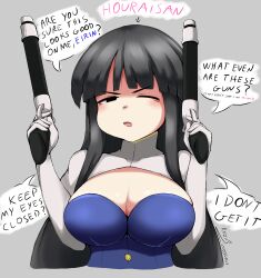 Rule 34 | 1girl, absurdres, artist name, black hair, blunt bangs, breasts, character name, cleavage, cosplay, dated, elbow gloves, english text, finger on trigger, gloves, grey background, gun, highres, hime cut, holding, holding gun, holding weapon, houraisan kaguya, kaguya jingu, kozup, large breasts, long hair, looking at viewer, one eye closed, open mouth, parody, sidelocks, simple background, solo, speech bubble, touhou, under night in-birth, under night in-birth 2 sys:celes, upper body, weapon, white gloves