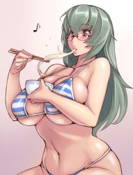 Rule 34 | 1girl, aged up, bare shoulders, bikini, blush, bowl, breast press, breasts, chopsticks, cleavage, eating, food, glasses, grey hair, huge breasts, large breasts, lips, long hair, musical note, navel, red eyes, rozen maiden, smile, solo, striped bikini, striped clothes, suigintou, swimsuit, tsuda nanafushi