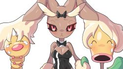 Rule 34 | 1girl, :&lt;, ^ ^, animal nose, bellsprout, black bow, black bowtie, black leotard, black sclera, blush, body fur, bow, bowtie, breasts, brown fur, bug, cleavage, closed eyes, closed mouth, colored sclera, covered navel, creatures (company), detached collar, drunkoak, facing viewer, female focus, furry, furry female, game freak, gen 1 pokemon, gen 4 pokemon, hair bow, half-closed eyes, highres, holding hands, leaf, leotard, light blush, looking at viewer, lopunny, medium breasts, nervous, nintendo, plant, playboy bunny, pokemon, pokemon (creature), rabbit ears, rabbit girl, red eyes, simple background, standing, straight-on, strapless, strapless leotard, sweat, tears, traditional bowtie, transparent background, two-tone fur, upper body, weedle, yellow fur