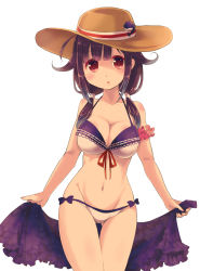 Rule 34 | 10s, 1girl, ahoge, aikawa ruru, arm garter, bare arms, bare shoulders, bikini, blunt bangs, blush, bow, breasts, brown hat, cleavage, collarbone, colored eyelashes, frills, hair tie, hat, hat ornament, highres, holding, kantai collection, long hair, looking at viewer, low twintails, md5 mismatch, medium breasts, navel, purple bow, purple hair, red eyes, sarong, simple background, solo, stomach, sun hat, swimsuit, taigei (kancolle), tareme, thigh gap, thighs, twintails, unworn sarong, whale ornament, white background, white bikini