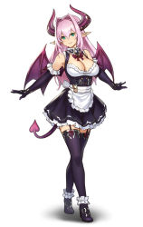 Rule 34 | 1girl, apron, aqua eyes, bare shoulders, bow, bowtie, breasts, cattleya (houtengeki), cleavage, demon girl, demon horns, demon tail, dress, elbow gloves, frills, full body, garter straps, gloves, highres, horns, houtengeki, large breasts, long hair, looking at viewer, original, pink hair, pointy ears, short dress, simple background, skirt, sleeveless, smile, solo, standing, tail, thighhighs, waist apron, white background, wings, zettai ryouiki