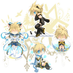 Rule 34 | 1boy, animal ears, barefoot, blonde hair, blue eyes, bowl, cat boy, cat ears, closed eyes, headset, instrument, kagamine len, magical girl, male focus, midriff, multiple persona, navel, parted lips, piano, scarf, shirotsugu, solo, submerged, thighhighs, vocaloid, water