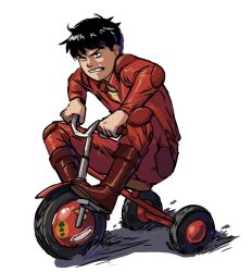 Rule 34 | 1boy, akira (manga), black hair, highres, jacket, kaneda shoutarou (akira), loppiart, pants, parody, red jacket, red pants, riding tricycle, shadow, simple background, solo, tricycle, white background