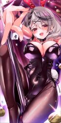 Rule 34 | 1girl, animal ears, black leotard, black pantyhose, blush, breasts, cleavage, coin, collar, fake animal ears, gold coin, grey hair, high heels, highres, hololive, large breasts, leotard, looking at viewer, mizuno kurage, object insertion, open mouth, pantyhose, patent heels, playboy bunny, pole, pole dancing, pumps, rabbit ears, rabbit tail, red eyes, red soles, sakamata chloe, shoes, solo, stiletto heels, sweat, tail, virtual youtuber