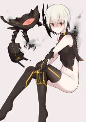 Rule 34 | 1girl, :o, absurdres, abyssal ship, ayanami (warship girls r), bare shoulders, black hair, blush, bottomless, burnt clothes, claws, damaged, dark persona, dress, ero mang-a, eyes visible through hair, full body, hair between eyes, headgear, highres, invisible chair, looking at viewer, multicolored hair, navel, red eyes, short dress, short hair, sitting, sleeveless, sleeveless dress, smoke, solo, streaked hair, thighhighs, thighs, torn clothes, torn dress, warship girls r, white hair