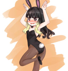 Rule 34 | 1girl, animal ears, arms up, ass, bare arms, bare shoulders, black eyes, black footwear, black hair, black leotard, blunt bangs, blush, breasts, brown pantyhose, child, commentary request, embarrassed, fake animal ears, female focus, foot out of frame, hime cut, i.u.y, kuroyoru umidori, leotard, long hair, multicolored hair, nose blush, open mouth, orange background, pantyhose, playboy bunny, rabbit ears, rabbit tail, shoes, sidelocks, small breasts, solo, standing, standing on one leg, tears, toaru majutsu no index, toaru majutsu no index: new testament, v-shaped eyebrows