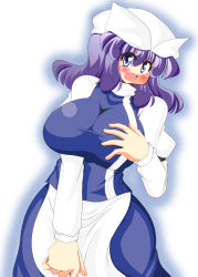 Rule 34 | 1girl, akasode (tyaramu), blue eyes, blush, breasts, dress, female focus, hat, hip focus, huge breasts, letty whiterock, open mouth, purple hair, short hair, simple background, solo, standing, touhou, white background, wide hips