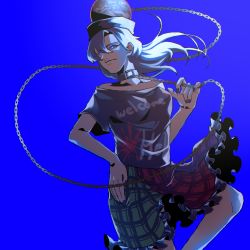 Rule 34 | 1girl, bare shoulders, black headwear, black sleeves, blue background, blue eyes, blue hair, breasts, chain, closed mouth, clothes writing, earth (ornament), gold chain, green skirt, hair between eyes, hand on own hip, hecatia lapislazuli, hecatia lapislazuli (earth), highres, looking at viewer, medium breasts, multicolored clothes, multicolored skirt, off-shoulder shirt, off shoulder, plaid, plaid skirt, purple skirt, raya (uk 0128), red skirt, shirt, short sleeves, simple background, skirt, solo, standing, t-shirt, touhou