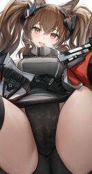 Rule 34 | 1girl, absurdres, angelina (arknights), angelina (endfield) (arknights), arknights, arknights: endfield, black panties, brown eyes, brown hair, fangs, from behind, grey shirt, highres, jacket, looking at viewer, nopetroto, official alternate costume, open clothes, open jacket, open mouth, panties, red jacket, shirt, solo, spread legs, thighs, tongue, twintails, underwear, variant set