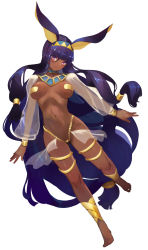 Rule 34 | 1girl, animal ears, anklet, barefoot, blush, bracelet, breasts, dark-skinned female, dark skin, earrings, egyptian, facepaint, facial mark, fate/grand order, fate (series), full body, hairband, highres, hoop earrings, jackal ears, jewelry, large breasts, long hair, looking at viewer, low-tied long hair, navel, nitocris (fate), puffy sleeves, pupps, purple eyes, purple hair, revealing clothes, see-through, see-through sleeves, sidelocks, simple background, smile, solo, thighlet, usekh collar, white background