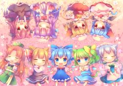 Rule 34 | &gt;:3, &gt;:d, 6+girls, :3, :d, animal ears, apron, ascot, bat wings, blonde hair, blue dress, blue eyes, blue hair, blush, bow, cat ears, cat tail, chibi, cirno, closed eyes, coa (chroo x), coat, daiyousei, demon girl, demon wings, dress, embodiment of scarlet devil, fairy wings, flandre scarlet, green hair, hair bow, hair ribbon, hat, head wings, heart, heart-shaped pupils, heart in mouth, hong meiling, ice, ice wings, izayoi sakuya, kemonomimi mode, koakuma, long hair, mob cap, multiple girls, nose bubble, open clothes, open coat, open mouth, patchouli knowledge, puffy short sleeves, puffy sleeves, purple hair, red eyes, red hair, remilia scarlet, ribbon, rumia, shirt, short sleeves, siblings, side ponytail, silver hair, sisters, skirt, skirt set, sleeping, smile, star (symbol), striped clothes, striped dress, symbol-shaped pupils, tail, touhou, v-shaped eyebrows, very long hair, waist apron, wings