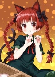 Rule 34 | 1girl, animal ear fluff, animal ears, braid, breasts, cat ears, cat tail, dress, fang, green dress, highres, kaenbyou rin, long hair, looking at viewer, multiple tails, nekomata, one-hour drawing challenge, orange background, red eyes, red hair, ruu (tksymkw), simple background, small breasts, smile, solo, tail, touhou, twin braids, twintails, two tails, very long hair, wheelbarrow