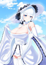 Rule 34 | 1girl, absurdres, aonouta, azur lane, bare shoulders, blue eyes, blue gemstone, blue sky, breasts, cleavage, clothes lift, cloud, cloudy sky, commentary, cowboy shot, detached collar, dress, dress lift, elbow gloves, english commentary, gem, gloves, hat, highres, illustrious (azur lane), lace, lace-trimmed dress, lace-trimmed headwear, lace trim, large breasts, long dress, looking at viewer, sky, solo, standing, strapless, strapless dress, sun hat, thighhighs, tri tails, white dress, white gloves, white hair, white hat, white thighhighs