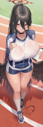Rule 34 | 1girl, absurdres, doodle sensei (blue archive), black hair, black wings, blue archive, blush, breast lift, breast suppress, breasts, choker, clipboard, closed mouth, collarbone, covered erect nipples, feathered wings, from above, gym uniform, hair between eyes, halo, hasumi (blue archive), hasumi (track) (blue archive), highres, holding, holding clipboard, jacket, kneehighs, large breasts, light smile, long bangs, long hair, looking at viewer, low wings, open clothes, open jacket, outdoors, partially unzipped, ponytail, red eyes, see-through, sensei (blue archive), shirt, shoes, short shorts, shorts, sneakers, socks, solo, taut clothes, taut shirt, thigh gap, tight clothes, track and field, track jacket, tsurime, upturned eyes, very long hair, white shirt, white socks, wings, yj (yojo san)