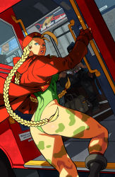 Rule 34 | 1990s (style), 1girl, ahoge, antenna hair, armband, armpits, ass, bare shoulders, beret, birdie (street fighter), blonde hair, blue eyes, boots, braid, breasts, bus, cameo, cammy white, camouflage, capcom, combat boots, dudley, edwin huang, elbow gloves, fingerless gloves, gauntlets, gloves, hat, highleg, highleg leotard, highres, hip focus, hood, hooded jacket, huge ahoge, huge ass, jacket, kneepits, knees, legs, leotard, lips, lipstick, london, long hair, looking back, makeup, motor vehicle, muscular, red jacket, retro artstyle, scar, sideboob, skin tight, socks, solo, street fighter, street fighter i, street fighter ii (series), street fighter iii (series), street fighter zero (series), street fighter zero i, thighs, thong leotard, thumbs up, twin braids, vehicle, wide hips