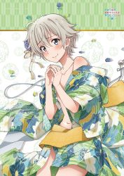 Rule 34 | 1boy, absurdres, bare shoulders, blue eyes, blush, collarbone, commentary request, grey hair, hair ornament, highres, japanese clothes, kimono, looking at viewer, male focus, navel, official art, petals, short hair, solo, steepled fingers, totsuka saika, trap, yahari ore no seishun lovecome wa machigatteiru.