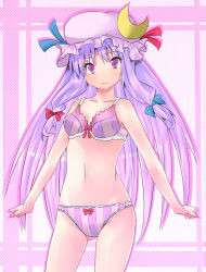 Rule 34 | 1girl, bad id, bad pixiv id, bow, bow bra, bow panties, bra, crescent, female focus, hat, highres, lingerie, loki (rionqueen), long hair, panties, patchouli knowledge, purple bra, purple eyes, purple hair, purple panties, solo, touhou, underwear, underwear only