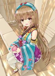 Rule 34 | 1girl, anklet, bare shoulders, bell, blue bow, blue kimono, blush, bow, bridal gauntlets, brown eyes, brown hair, detached sleeves, floral print, flower, fountain, hair bow, hair flower, hair ornament, idolmaster, idolmaster cinderella girls, idolmaster cinderella girls starlight stage, japanese clothes, jewelry, jingle bell, kaishinshi, kimono, long hair, looking at viewer, open mouth, purple skirt, sandals, sash, sitting, skirt, smile, solo, striped bow, striped clothes, striped kimono, very long hair, white legwear, wide sleeves, yorita yoshino