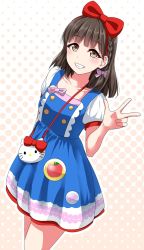 Rule 34 | badge, bag, black hair, blue dress, bow, braid, brown eyes, button badge, commentary request, dress, grin, hair bow, halftone, halftone background, hello kitty, hello kitty (character), inami anju, looking at viewer, love live!, love live! sunshine!!, medium hair, pinafore dress, pink bow, red bow, sanrio, short sleeves, side braid, sleeveless dress, smile, solo, takami chika, voice actor, voice actor connection, w, yopparai oni