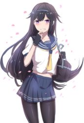 Rule 34 | 1girl, bag, black hair, blush, commentary request, cowboy shot, fingerless gloves, girls&#039; frontline, gloves, hairband, long hair, looking at viewer, mole, mole under eye, pantyhose, petals, pleated skirt, purple eyes, school uniform, simple background, skirt, smile, solo, super sass (girls&#039; frontline), xiujia yihuizi