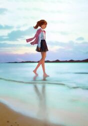 Rule 34 | 1girl, barefoot, beach, brown eyes, brown hair, closed mouth, cloud, commentary, day, full body, highres, kantai collection, long hair, long sleeves, nito (nshtntr), outdoors, pleated skirt, ryuujou (kancolle), shirt, skirt, sky, solo, suspender skirt, suspenders, twintails, walking, water, white shirt